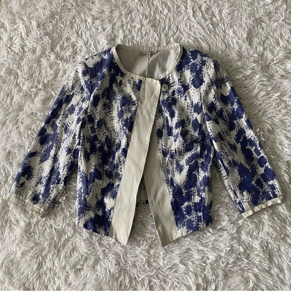 Rebecca Minkoff White and Blue Sequins Cropped Jacket with Leather Trim Size M - Picture 5 of 9